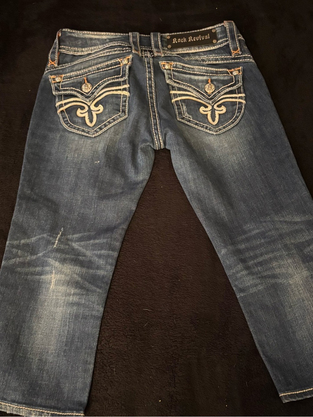 Vintage Rock Revival capri Low rise dark Wash Embroidered Back Pocket